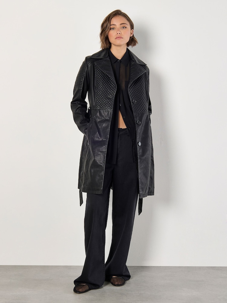 Apricot Black Biker Pleather Trench Coat - Image 1 of 5
