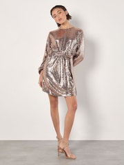 Apricot Brown Sequin Puff Sleeves Tie Shift Dress - Image 1 of 5