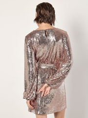 Apricot Brown Sequin Puff Sleeves Tie Shift Dress - Image 5 of 5