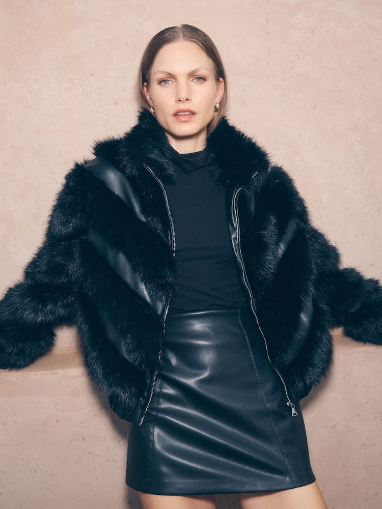 Apricot Black Chevron Faux Fur Pleather Jacket - Image 1 of 6