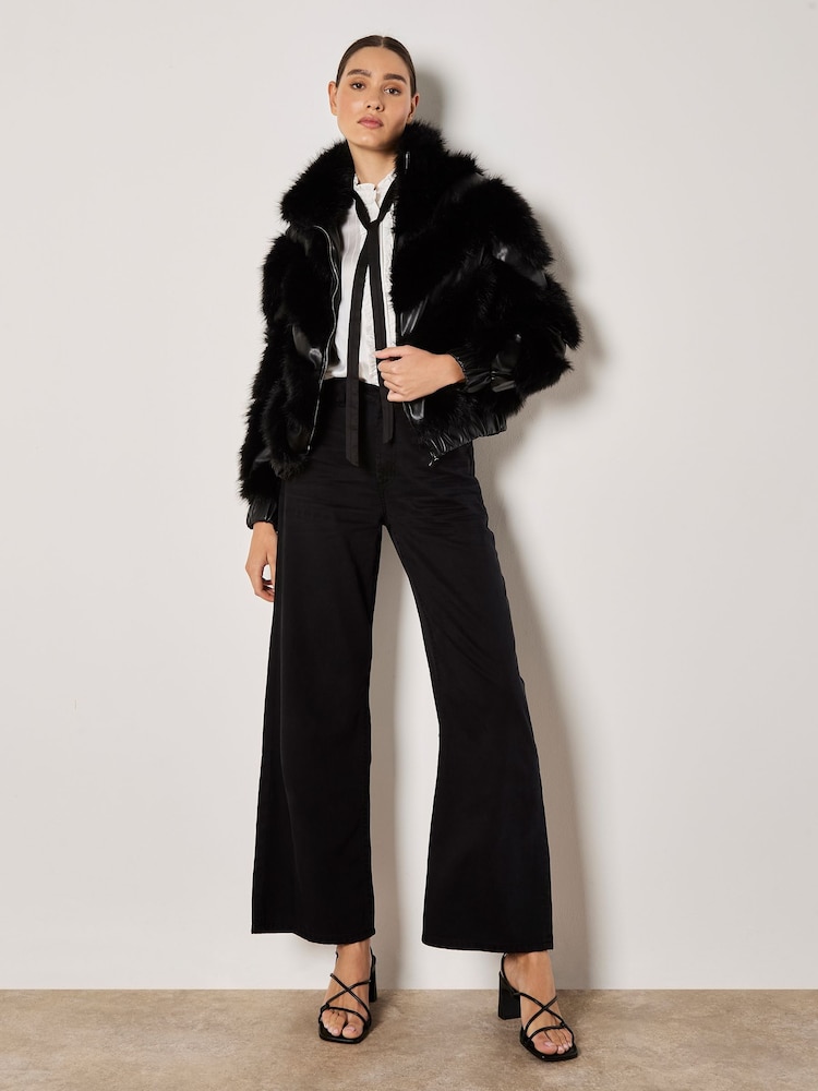 Apricot Black Chevron Faux Fur Pleather Jacket - Image 2 of 6