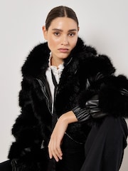 Apricot Black Chevron Faux Fur Pleather Jacket - Image 3 of 6