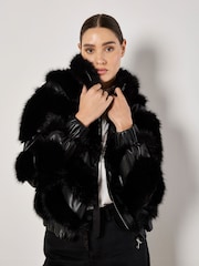 Apricot Black Chevron Faux Fur Pleather Jacket - Image 4 of 6