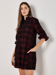 Apricot Red Distressed Check Pocket 100% Cotton Shirt Dress - Image 2 of 5