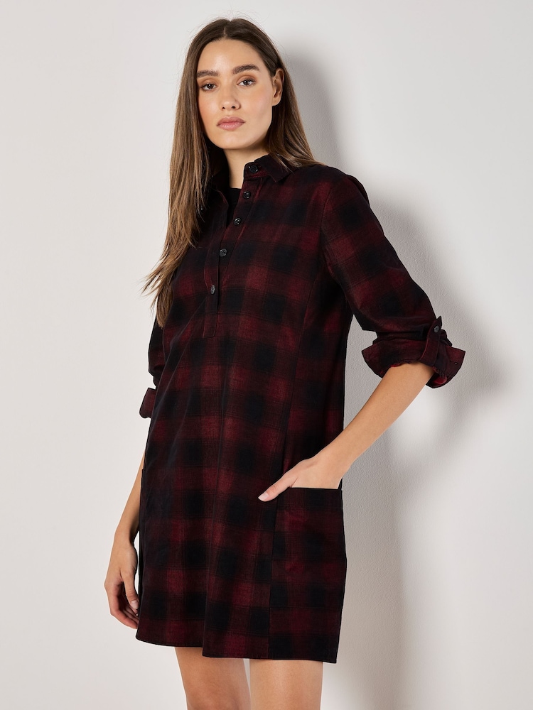 Apricot Red Distressed Check Pocket 100% Cotton Shirt Dress - Image 2 of 5