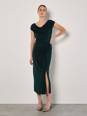Apricot Green Shiny Ruched Cowl Neck Dress - Image 1 of 3
