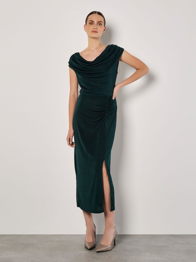 Apricot Green Shiny Ruched Cowl Neck Dress - Image 1 of 3