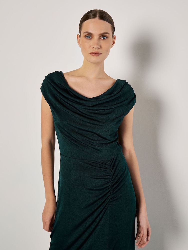 Apricot Green Shiny Ruched Cowl Neck Dress - Image 2 of 3