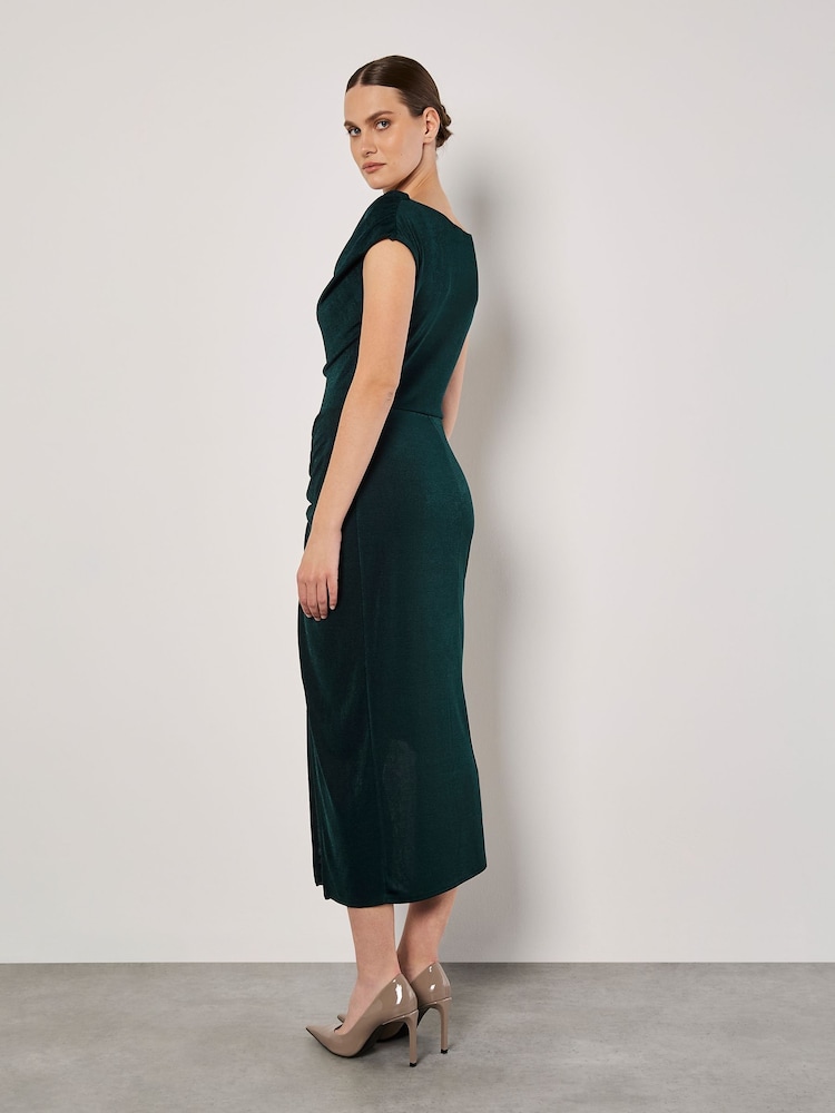 Apricot Green Shiny Ruched Cowl Neck Dress - Image 3 of 3