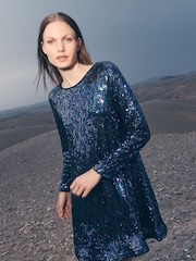 Apricot Black Rainbow Sequins Swing Dress - Image 1 of 5