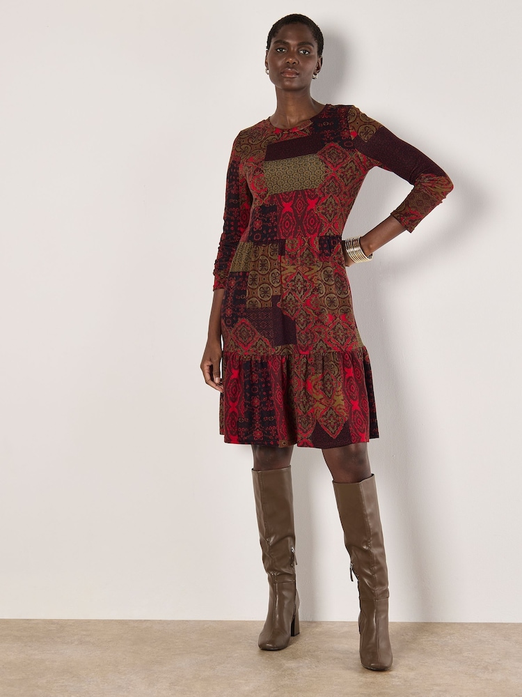 Apricot Red Folk Patchwork Tiered Dress - Image 1 of 4