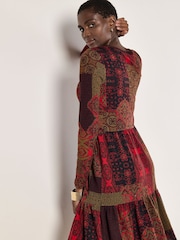 Apricot Red Folk Patchwork Tiered Dress - Image 3 of 4