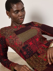Apricot Red Folk Patchwork Tiered Dress - Image 4 of 4