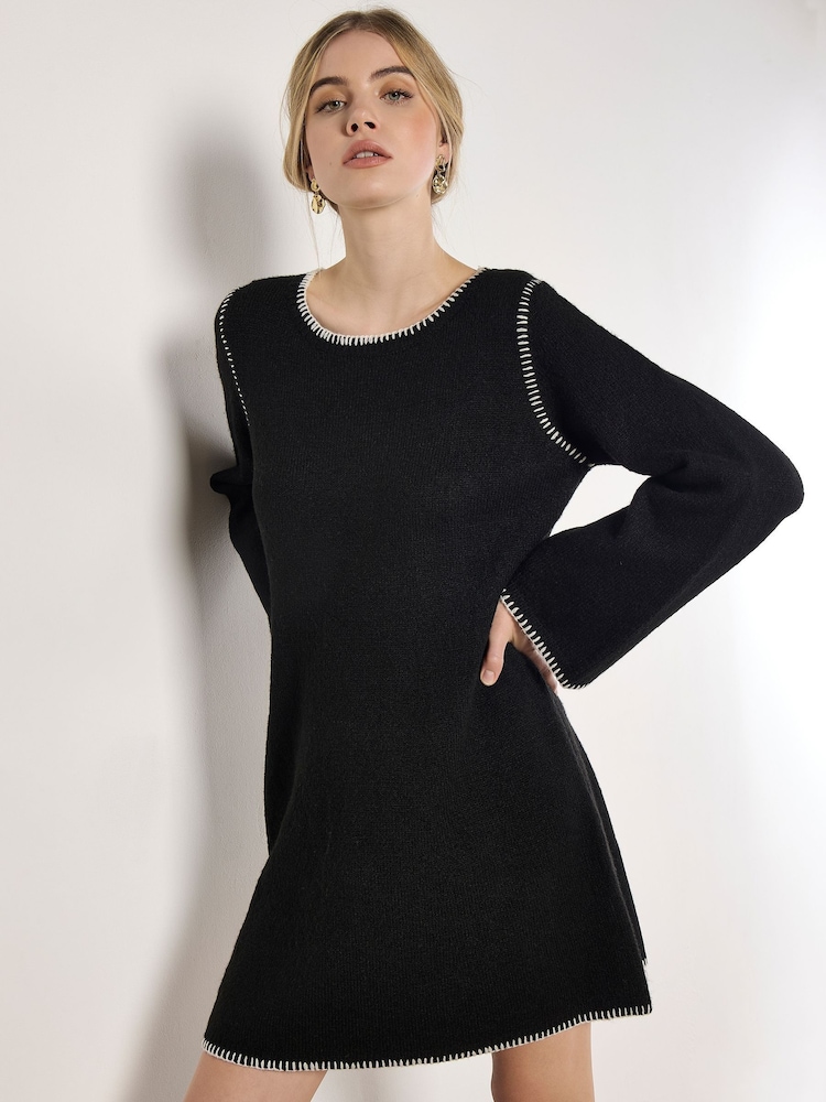 Apricot Black Blanket Stitch Knit Swing Dress - Image 2 of 5