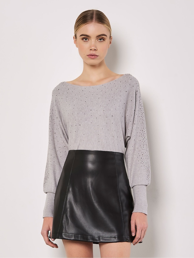 Apricot Grey Stud Neck Ribbed Batwing Jumper - Image 1 of 4