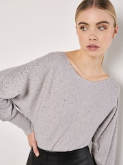Apricot Grey Stud Neck Ribbed Batwing Jumper - Image 4 of 4