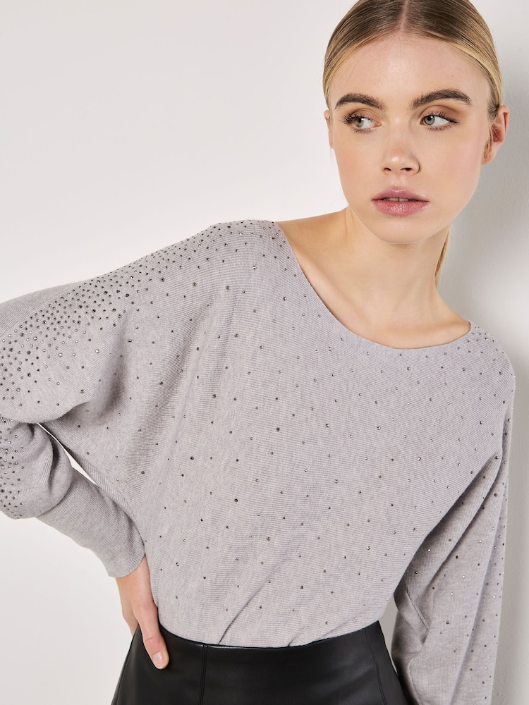 Apricot Grey Stud Neck Ribbed Batwing Jumper - Image 4 of 4
