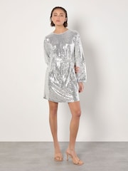 Apricot Grey Sequin Puff Sleeves Tie Shift Dress - Image 1 of 4
