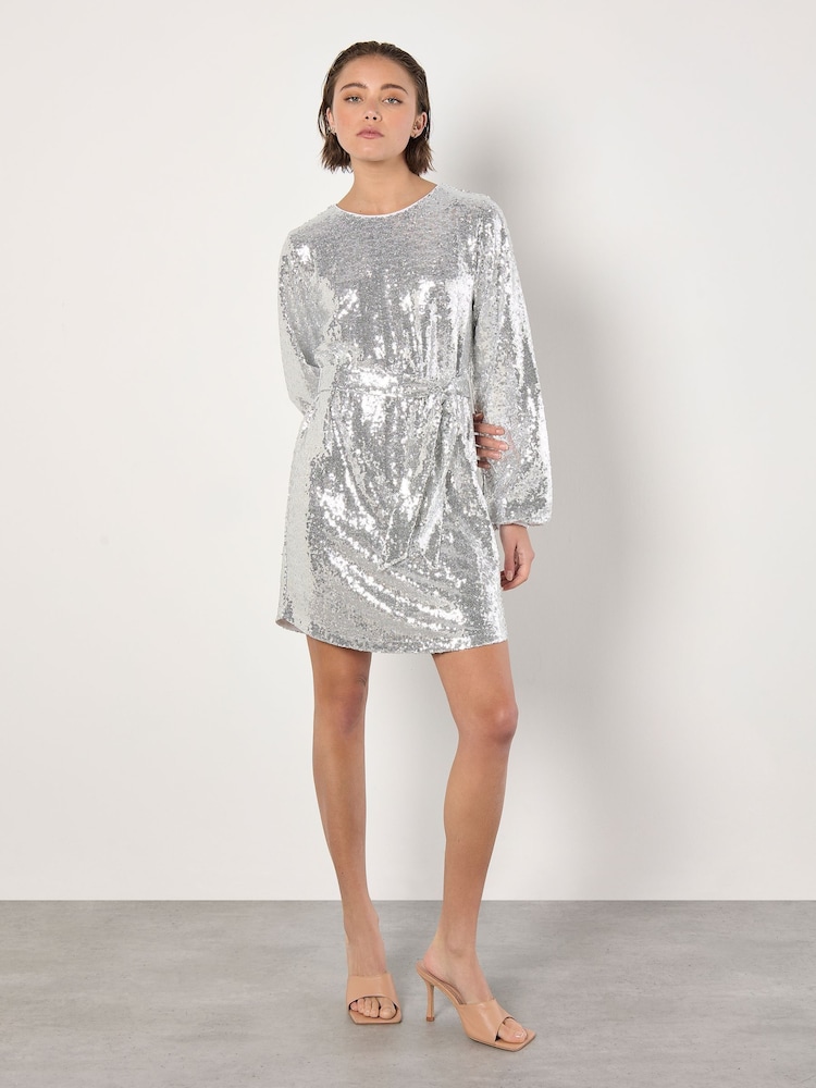 Apricot Grey Sequin Puff Sleeves Tie Shift Dress - Image 1 of 4