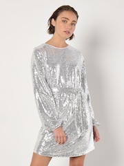 Apricot Grey Sequin Puff Sleeves Tie Shift Dress - Image 3 of 4
