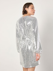 Apricot Grey Sequin Puff Sleeves Tie Shift Dress - Image 4 of 4