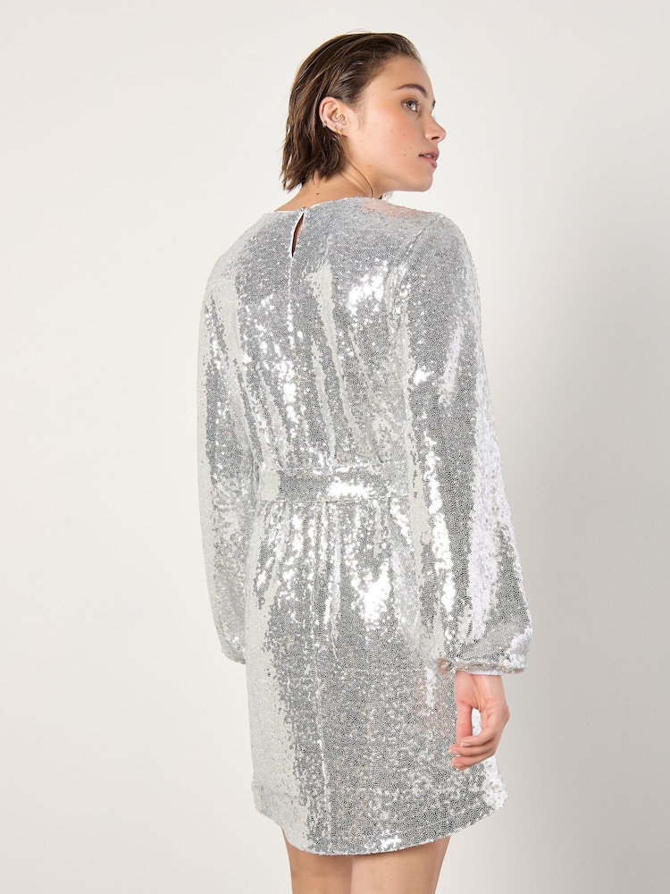 Apricot Grey Sequin Puff Sleeves Tie Shift Dress - Image 4 of 4