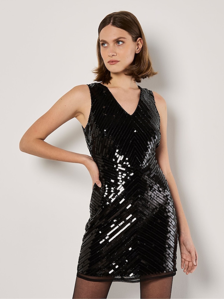 Apricot Black Sequin Glitz Panel Bodycon Dress - Image 1 of 4
