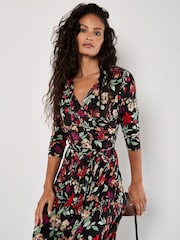Apricot Black Colourful Leaves and Blooms Dress - Image 3 of 5