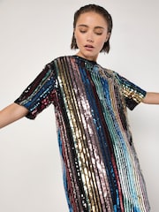 Apricot Black Sequin Stripe T-Shirt Dress - Image 1 of 3