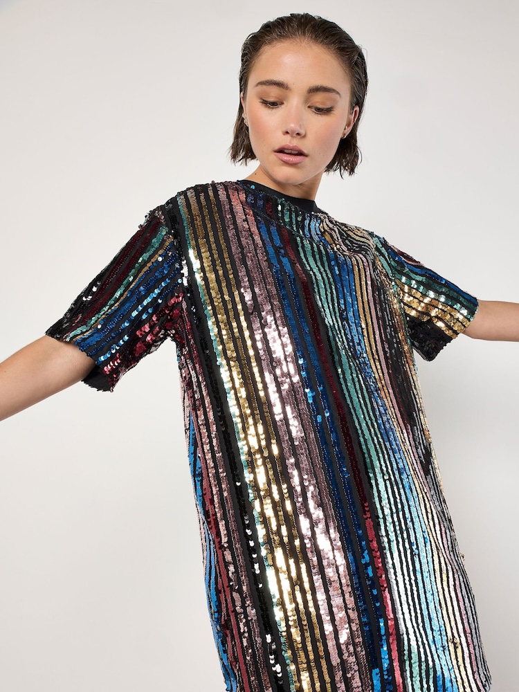 Apricot Black Sequin Stripe T-Shirt Dress - Image 1 of 3
