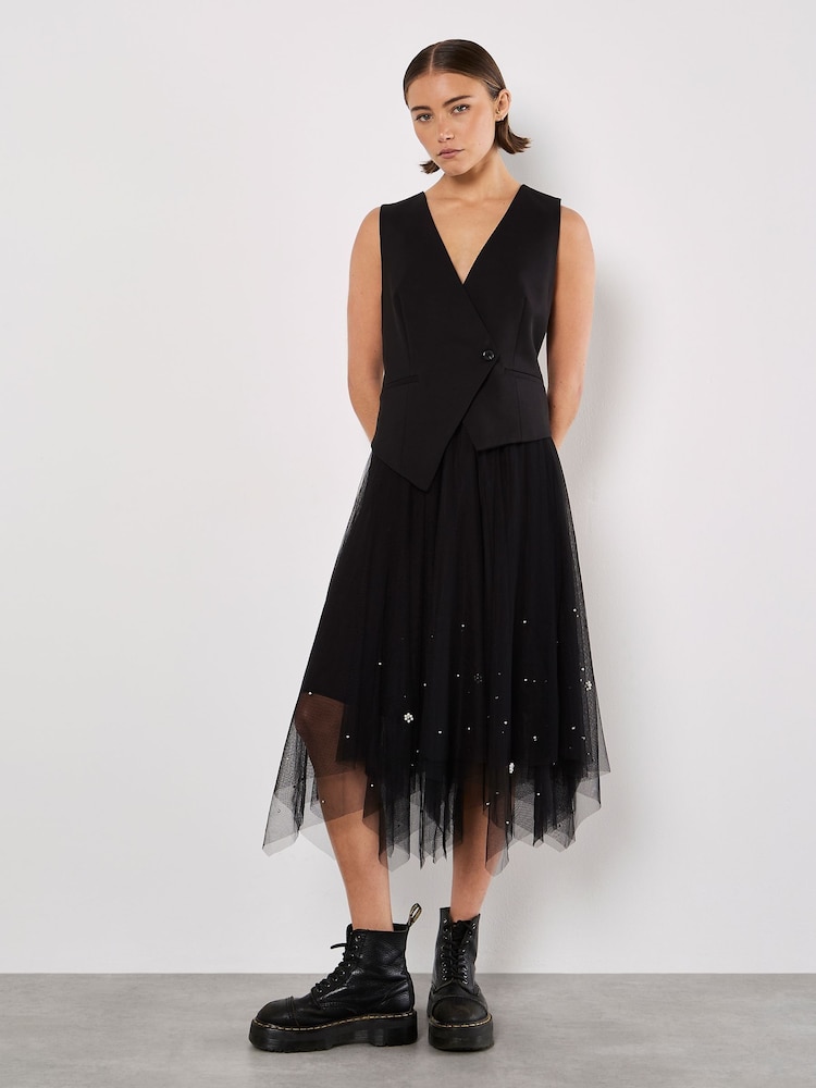 Apricot Black Pearls Hem Tulle Midi Skirt - Image 2 of 5 Apricot Black Pearls Hem Tulle Midi Skirt - Image 2 of 5
