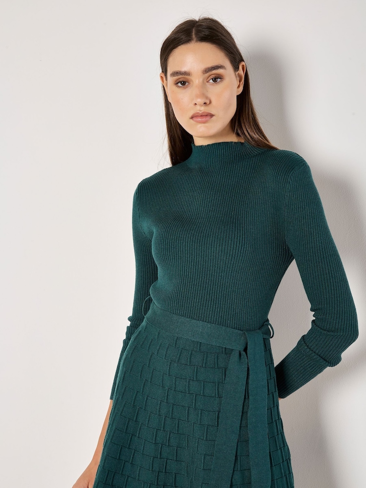 Apricot Green Rib and Brick High Neck Knitted Dress - Image 1 of 4