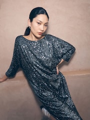 Apricot Grey Sequin Lines Cocoon Dress - Image 1 of 5