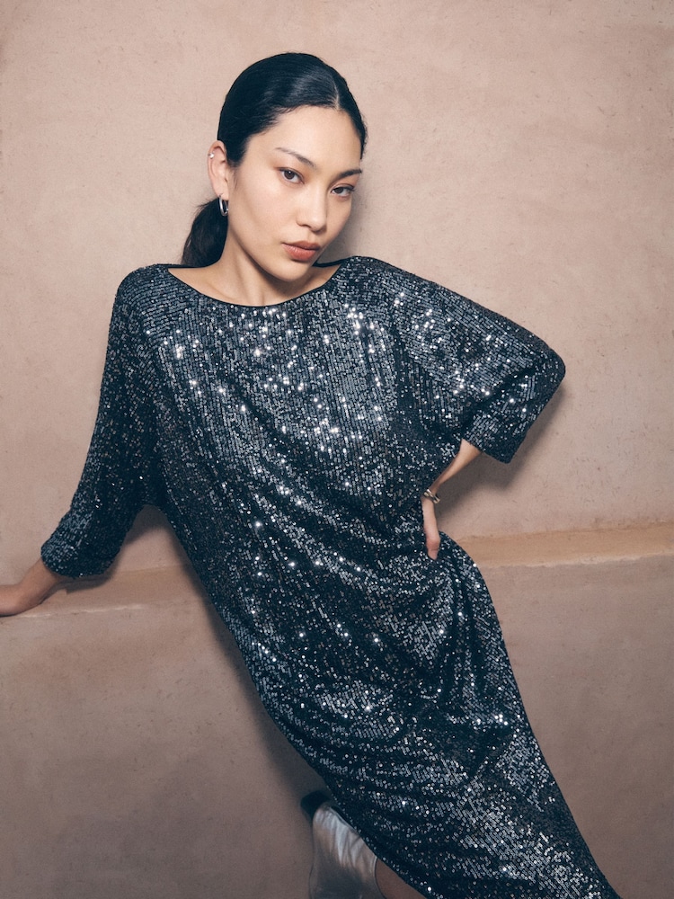 Apricot Grey Sequin Lines Cocoon Dress - Image 1 of 5