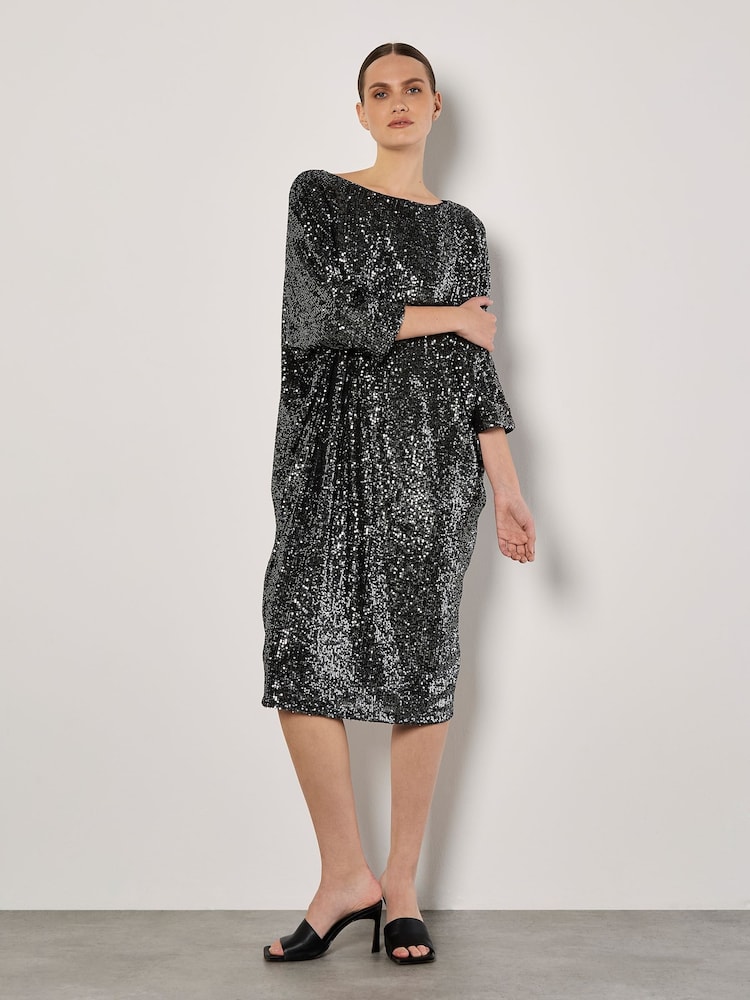 Apricot Grey Sequin Lines Cocoon Dress - Image 5 of 5