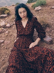 Apricot Red Hatched Textured Tier Dress - Image 1 of 5