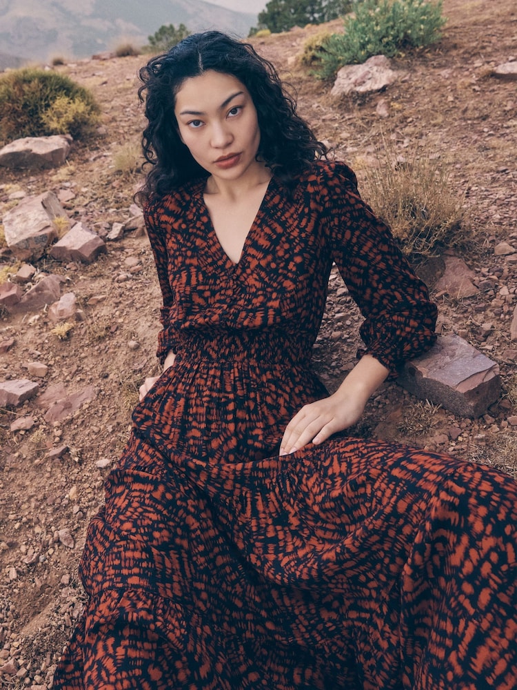 Apricot Red Hatched Textured Tier Dress - Image 1 of 5