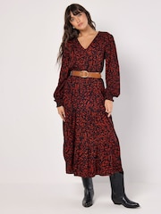 Apricot Red Hatched Textured Tier Dress - Image 2 of 5