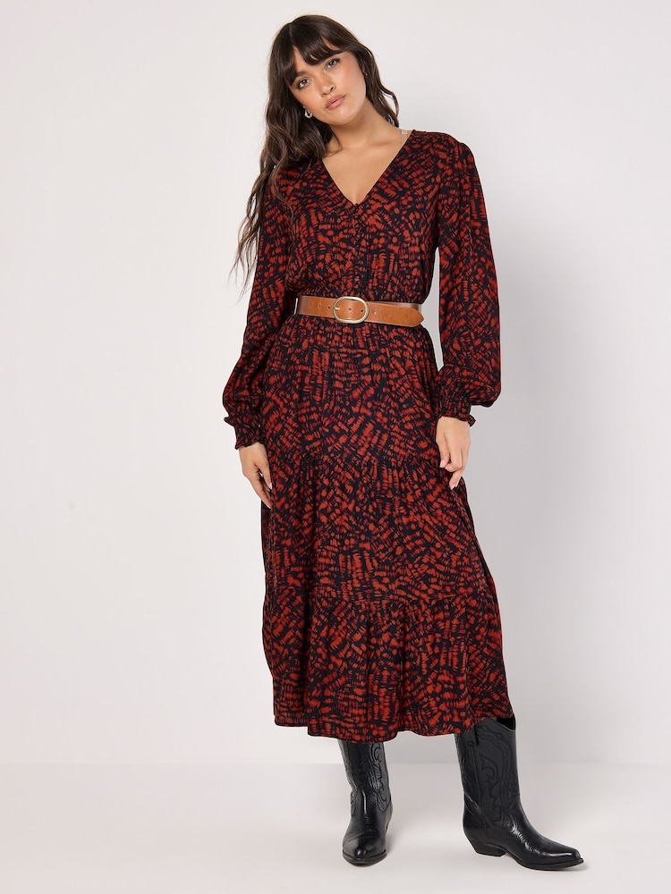 Apricot Red Hatched Textured Tier Dress - Image 2 of 5