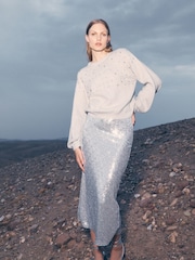Apricot Silver Sequin Bias Cut Midaxi Skirt - Image 1 of 6