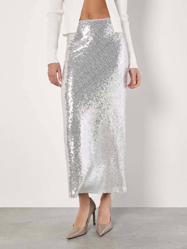 Apricot Silver Sequin Bias Cut Midaxi Skirt - Image 2 of 6