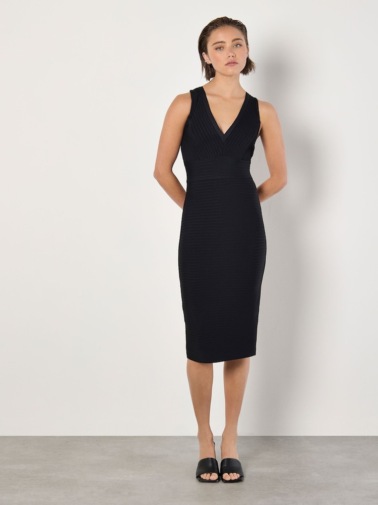 Apricot Black V-Neck Bandage Midi Dress - Image 1 of 4