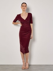 Apricot Red Foil Sparkle Side Ruched Dress - Image 1 of 4