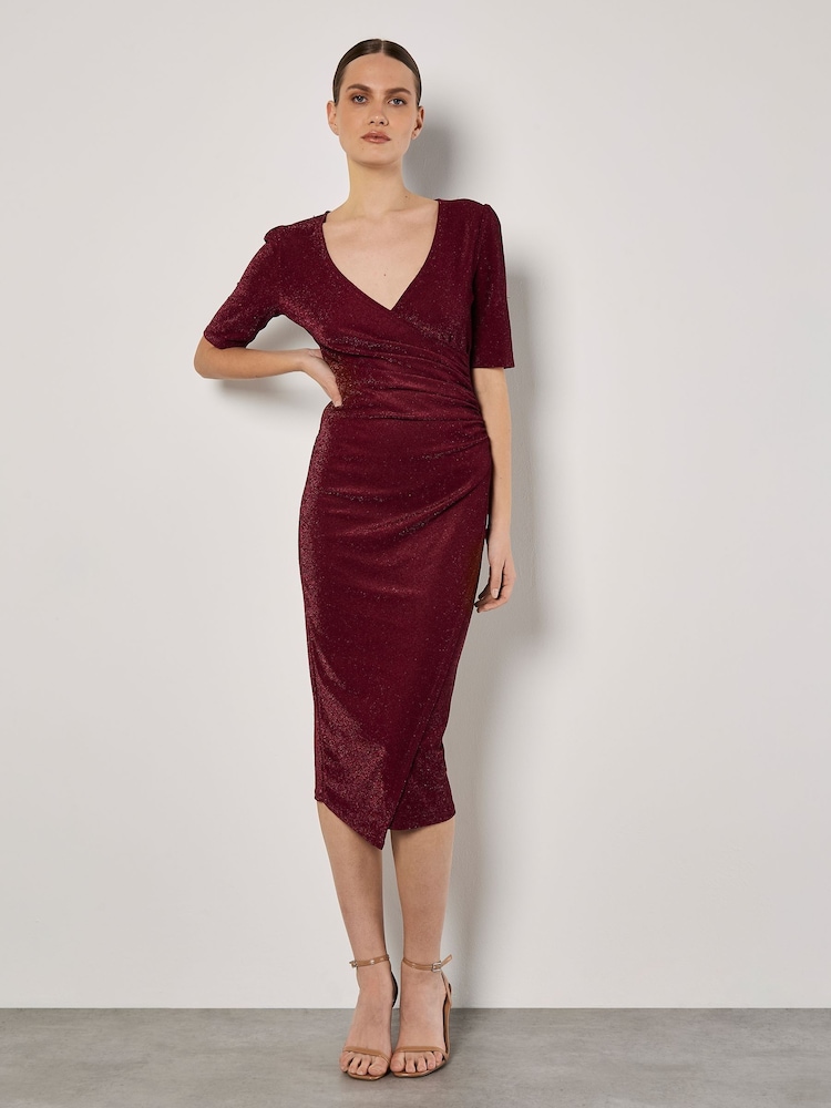 Apricot Red Foil Sparkle Side Ruched Dress - Image 1 of 4