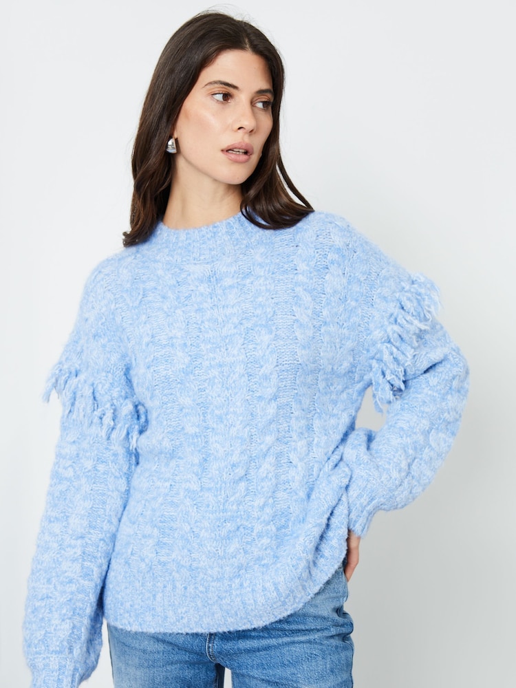 Another Sunday Blue Twisted Yarn Tassel Trim Cable Knit Jumper - Image 1 of 4