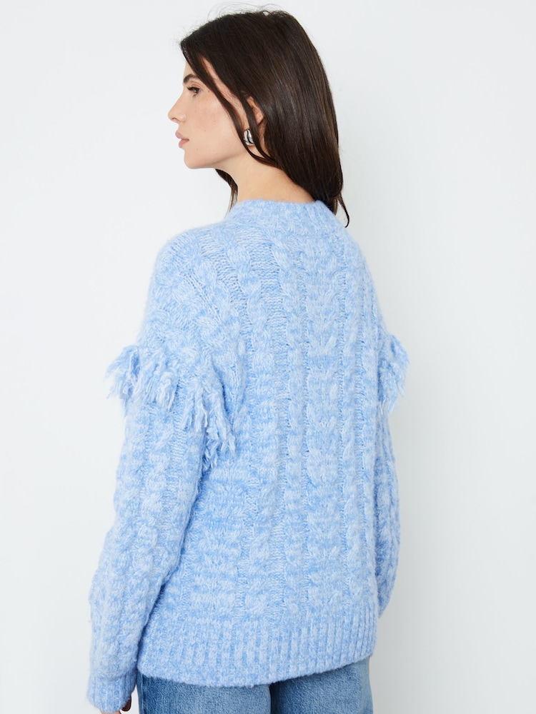 Another Sunday Blue Twisted Yarn Tassel Trim Cable Knit Jumper - Image 2 of 4