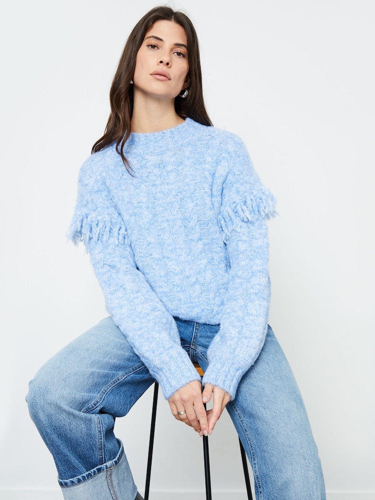Another Sunday Blue Twisted Yarn Tassel Trim Cable Knit Jumper - Image 4 of 4