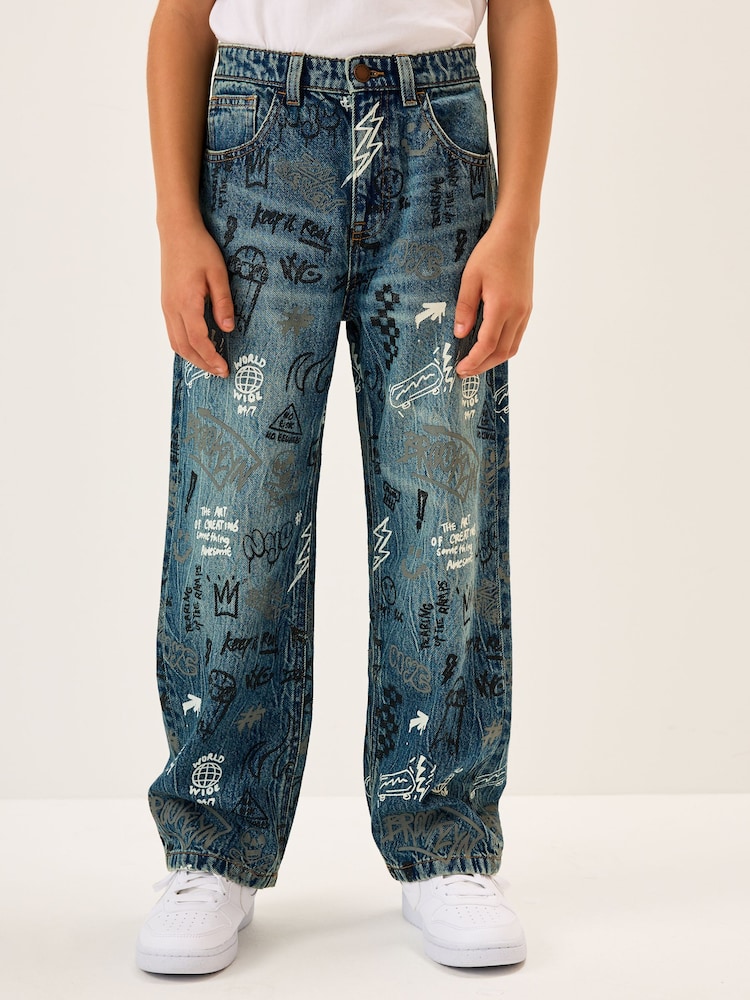 Graffiti All Over Print Mid Blue Wide Fit Authentic Jeans (3-16yrs) - Image 1 of 8