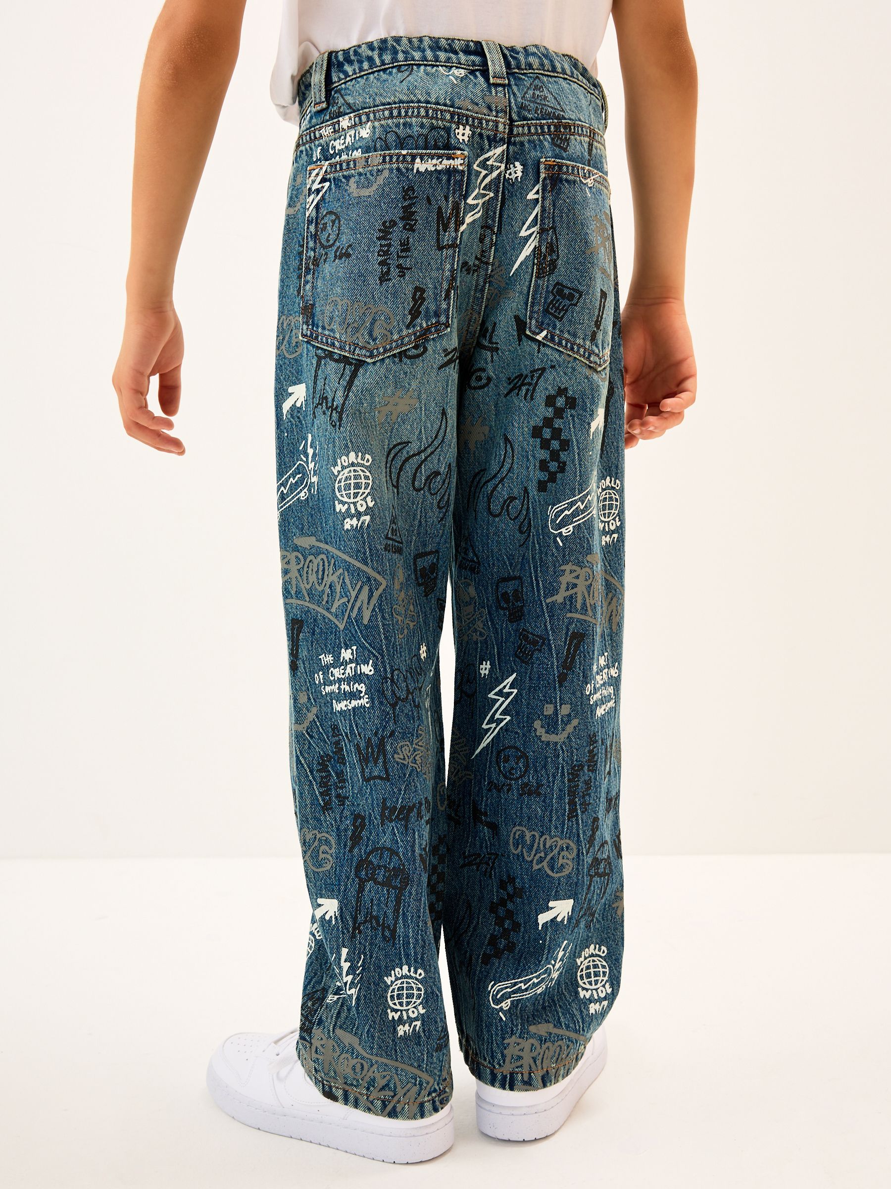 Buy Graffiti All-Over Print Mid Blue Wide Fit Authentic Jeans (3
