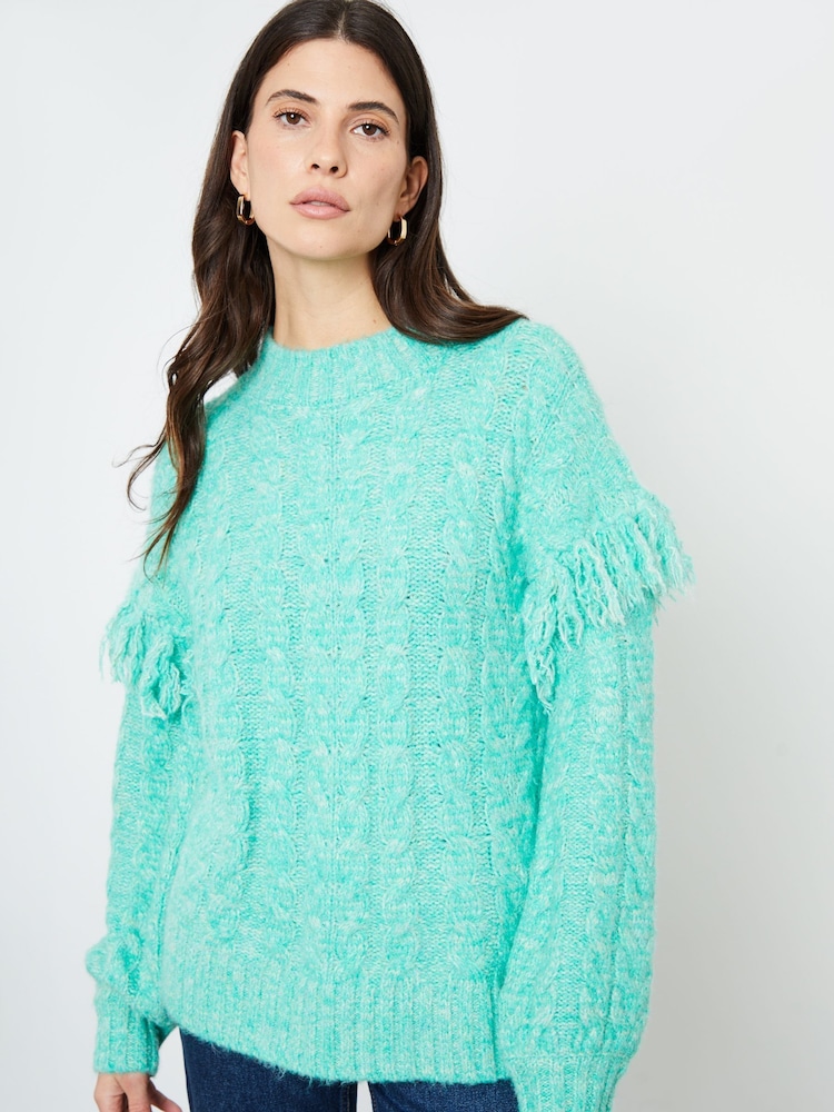Another Sunday Green Twisted Yarn Tassel Trim Cable Knit Jumper - Image 1 of 7